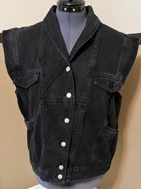 Women’s Black Denim Vest LG Retro Look Motorcycle Grunge Oversized Goth Boho